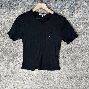 Teddy Fresh Shirt Womens Large Black Ribbed Knit Pocket Tee Embroidered Bear TF